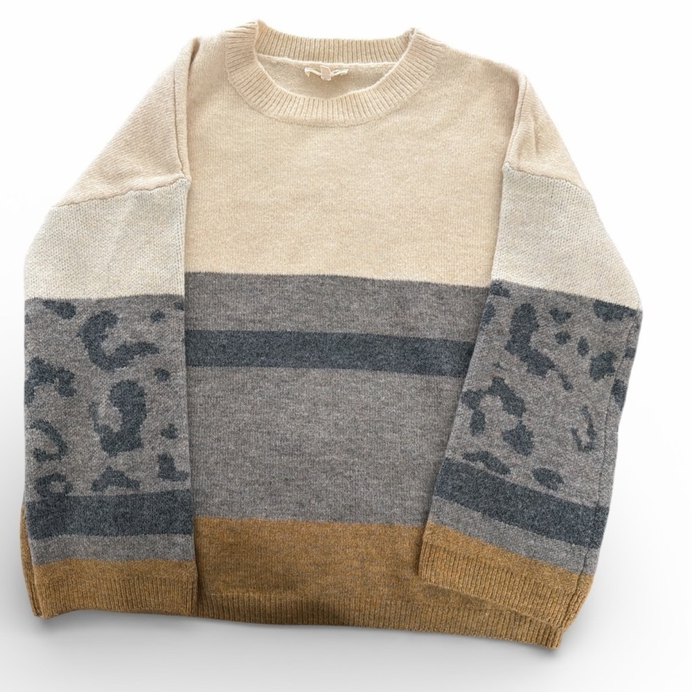 Mystree Colorblock Crewneck Sweater Size Large Leopard Print Sleeves Brown/Gray